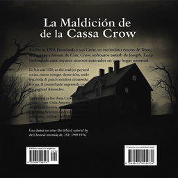 The back cover design for the book 'La Maldición de la Casa Crow', authored by Miguel Alessandro, in a slightly realistic style with a dark horror twist