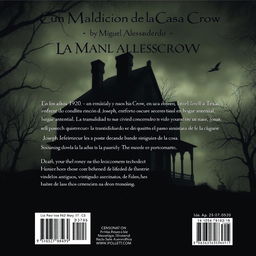The back cover design for the book 'La Maldición de la Casa Crow', authored by Miguel Alessandro, in a slightly realistic style with a dark horror twist