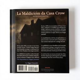 The back cover design for the book 'La Maldición de la Casa Crow', authored by Miguel Alessandro, in a slightly realistic style with a dark horror twist