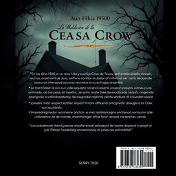 The back cover design for the book 'La Maldición de la Casa Crow', authored by Miguel Alessandro, in a slightly realistic style with a dark horror twist