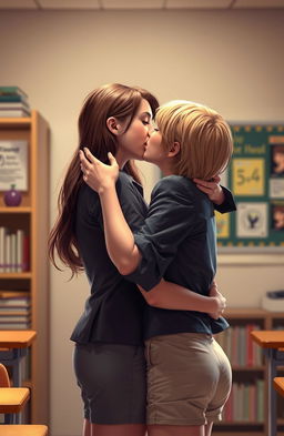 An intimate and romantic scene depicting a passionate kiss between a female high school teacher and her female student