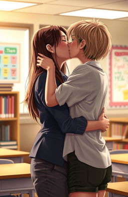 An intimate and romantic scene depicting a passionate kiss between a female high school teacher and her female student