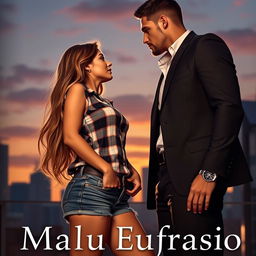 A captivating romance novel cover featuring a stunning 18-year-old woman with long hair cascading down to her waist