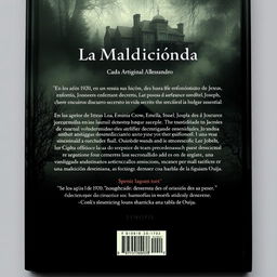 The back cover design for a book titled 'La Maldición de la Casa Crow', authored by Miguel Alessandro, in a slightly realistic style with a dark horror twist