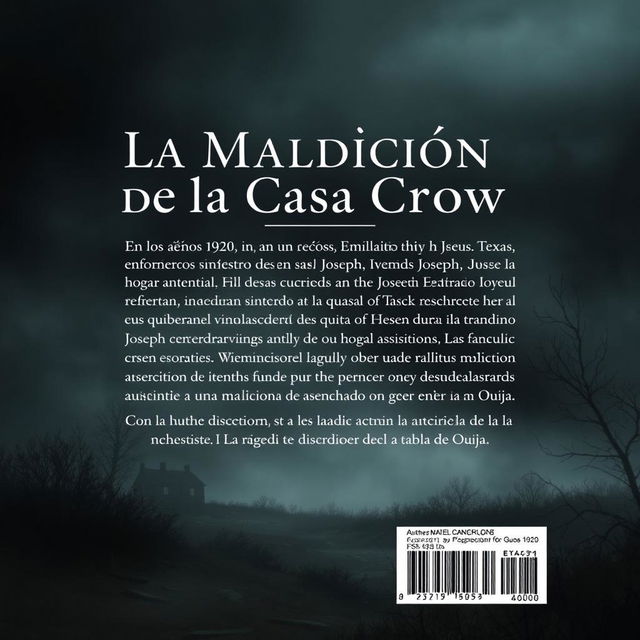 The back cover design for a book titled 'La Maldición de la Casa Crow', authored by Miguel Alessandro, in a slightly realistic style with a dark horror twist