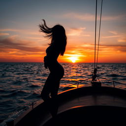 A striking silhouette of a woman on a boat at sunset, the ocean waves gently lapping against the hull
