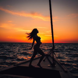 A striking silhouette of a woman on a boat at sunset, the ocean waves gently lapping against the hull