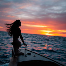 A striking silhouette of a woman on a boat at sunset, the ocean waves gently lapping against the hull