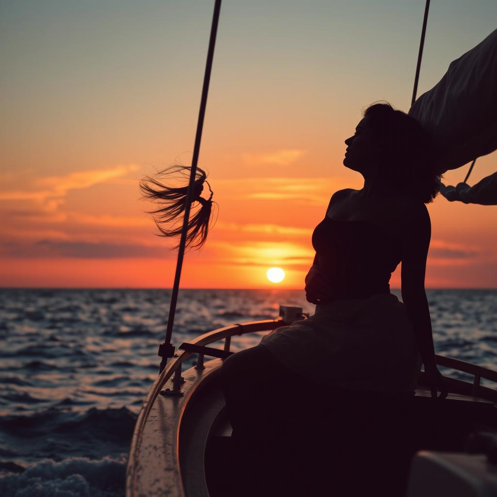 A striking silhouette of a woman on a boat at sunset, the ocean waves gently lapping against the hull