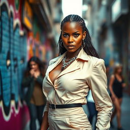 A stunning scene featuring a confident and alluring model with dark skin, dressed in a fashionable outfit that accentuates her figure
