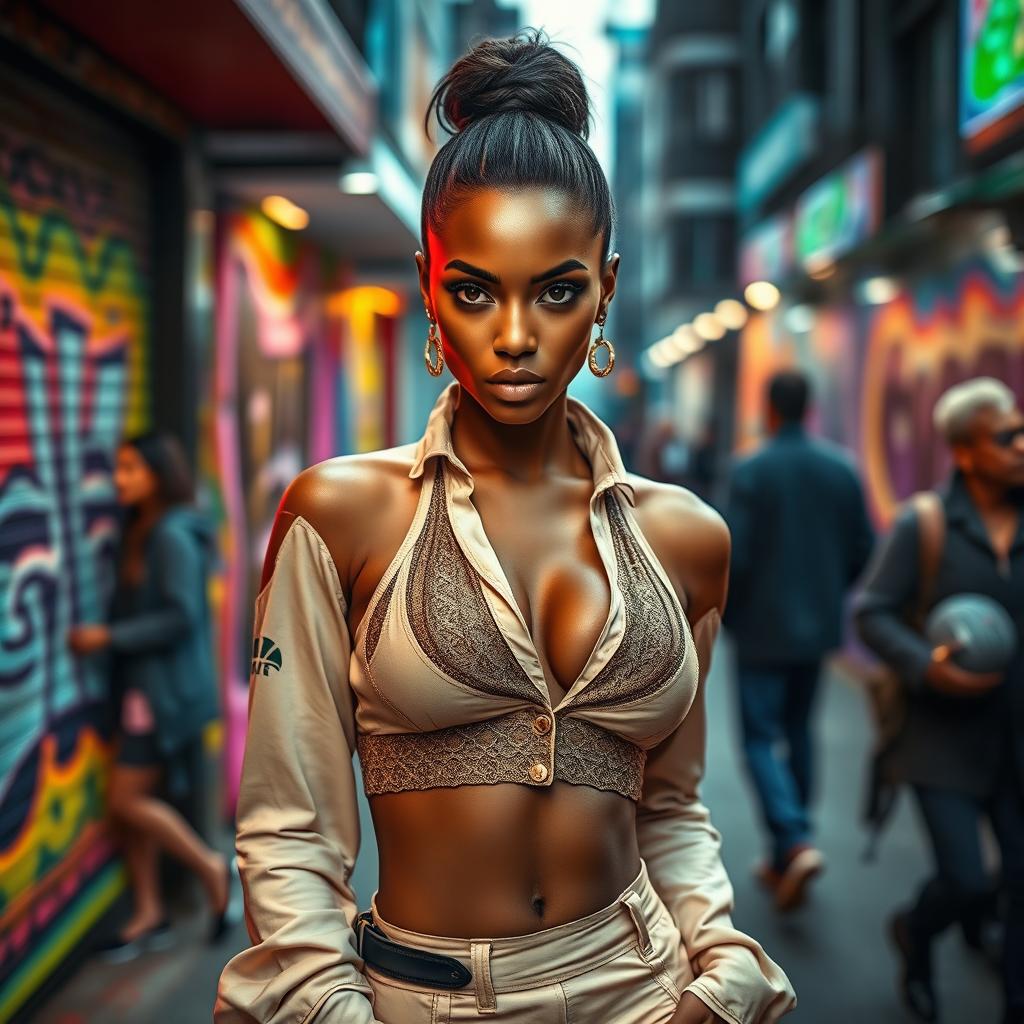 A stunning scene featuring a confident and alluring model with dark skin, dressed in a fashionable outfit that accentuates her figure