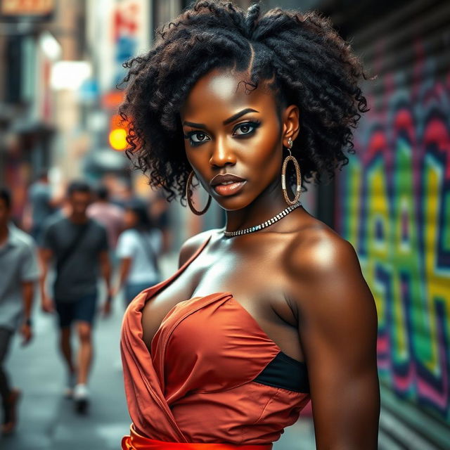 A stunning scene featuring a confident and alluring model with dark skin, dressed in a fashionable outfit that accentuates her figure