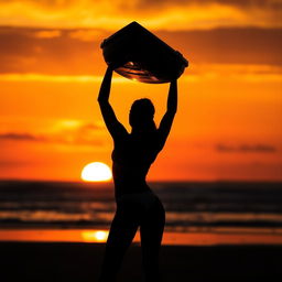 A dramatic silhouette of a woman confidently carrying a small boat by herself on a beach at sunset