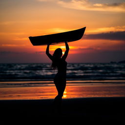 A dramatic silhouette of a woman confidently carrying a small boat by herself on a beach at sunset