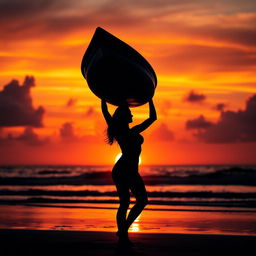 A dramatic silhouette of a woman confidently carrying a small boat by herself on a beach at sunset