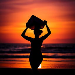 A dramatic silhouette of a woman confidently carrying a small boat by herself on a beach at sunset