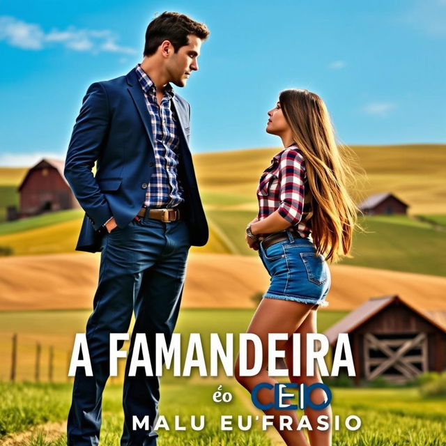 A captivating book cover for a romance novel titled "A Fazendeira e o CEO" by Malu Eufrasio