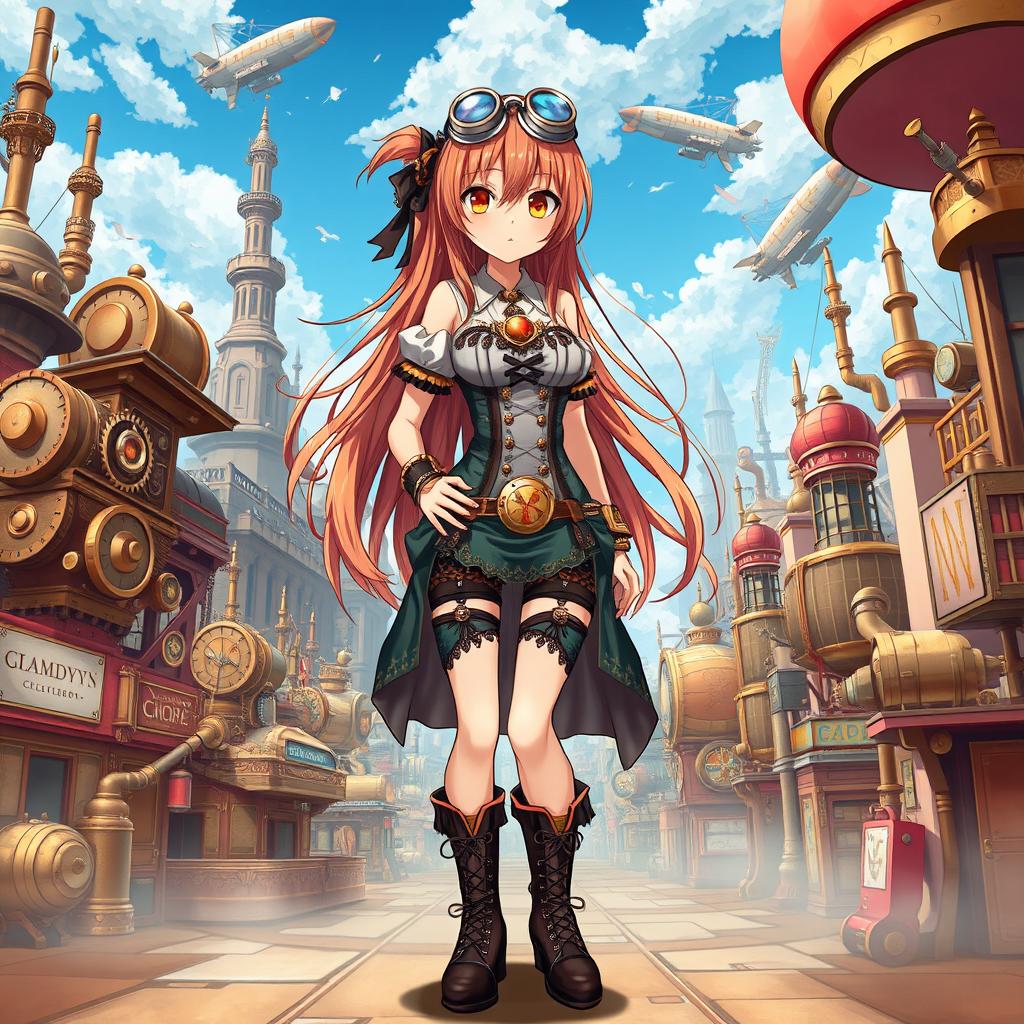 A steampunk anime girl with intricate mechanical gadgets and Victorian fashion elements, featuring a stylish corset dress adorned with gears and cogs, long flowing hair with copper streaks, goggles perched on her head, and lace-up boots with brass accents