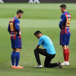 A poignant scene on a football pitch, where Cristiano Ronaldo is on one knee, tears streaming down his face, looking imploringly up at Lionel Messi, who displays a stoic countenance while standing firm