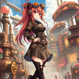 A steampunk anime girl with intricate mechanical gadgets and Victorian fashion elements, featuring a stylish corset dress adorned with gears and cogs, long flowing hair with copper streaks, goggles perched on her head, and lace-up boots with brass accents
