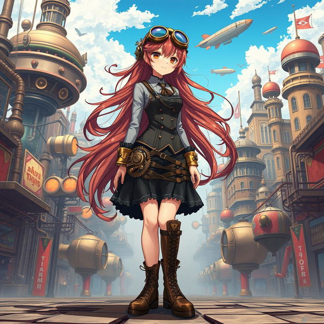 A steampunk anime girl with intricate mechanical gadgets and Victorian fashion elements, featuring a stylish corset dress adorned with gears and cogs, long flowing hair with copper streaks, goggles perched on her head, and lace-up boots with brass accents