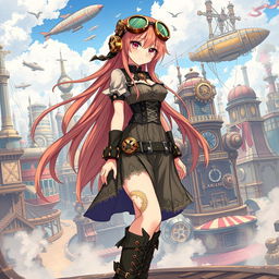 A steampunk anime girl with intricate mechanical gadgets and Victorian fashion elements, featuring a stylish corset dress adorned with gears and cogs, long flowing hair with copper streaks, goggles perched on her head, and lace-up boots with brass accents