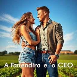 A capa de um romance intitulado 'A Fazendeira e o CEO', apresentando uma cena rural vibrante