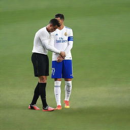 A poignant scene on a football pitch, where Cristiano Ronaldo is on one knee, tears streaming down his face, looking imploringly up at Lionel Messi, who displays a stoic countenance while standing firm