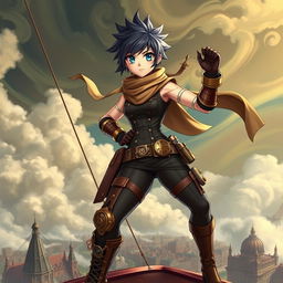 A dependable steampunk anime girl embodying strength and resilience, dressed in a form-fitting leather outfit with intricate brass accents and mechanical enhancements