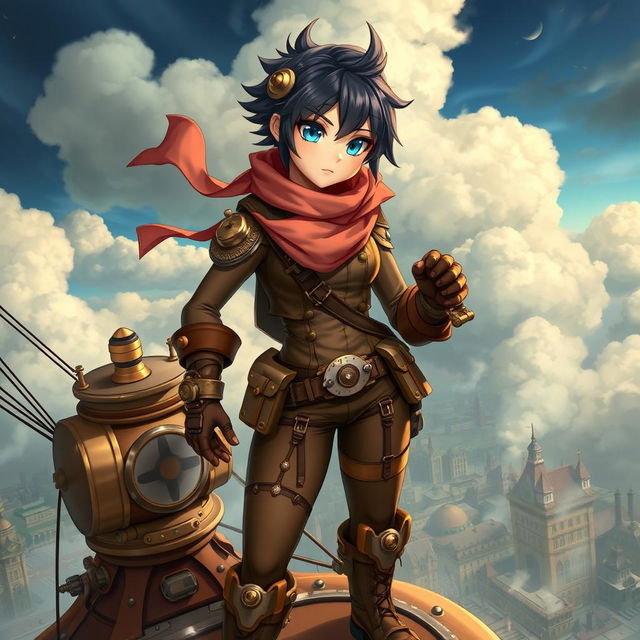 A dependable steampunk anime girl embodying strength and resilience, dressed in a form-fitting leather outfit with intricate brass accents and mechanical enhancements