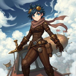 A dependable steampunk anime girl embodying strength and resilience, dressed in a form-fitting leather outfit with intricate brass accents and mechanical enhancements