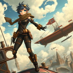 A dependable steampunk anime girl embodying strength and resilience, dressed in a form-fitting leather outfit with intricate brass accents and mechanical enhancements