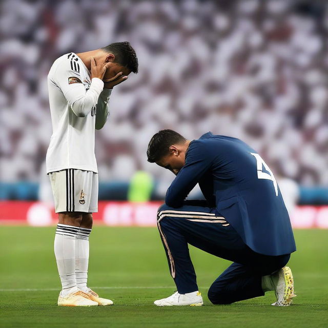 A poignant scene on a football pitch, where Cristiano Ronaldo is on one knee, tears streaming down his face, looking imploringly up at Lionel Messi, who displays a stoic countenance while standing firm