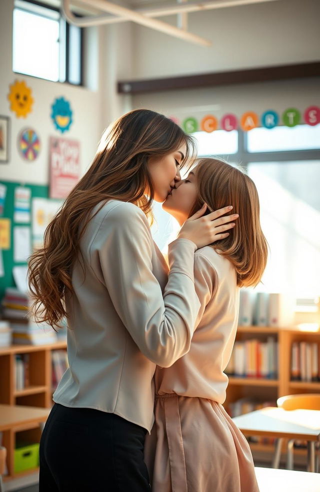 An intimate and artistic portrayal of a female high school teacher and her female student sharing a tender kiss while embracing from behind, set in a bright and inviting classroom filled with colorful decorations and books