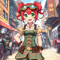 A cheerful and determined steampunk anime girl with a cherry personality, dressed in a colorful corset dress adorned with playful patterns and brass accessories