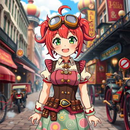 A cheerful and determined steampunk anime girl with a cherry personality, dressed in a colorful corset dress adorned with playful patterns and brass accessories
