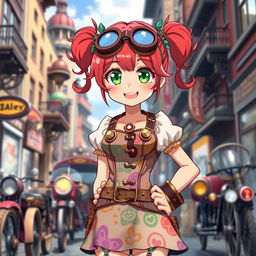 A cheerful and determined steampunk anime girl with a cherry personality, dressed in a colorful corset dress adorned with playful patterns and brass accessories