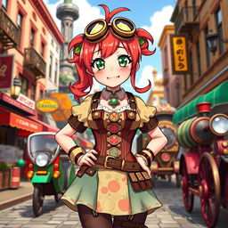 A cheerful and determined steampunk anime girl with a cherry personality, dressed in a colorful corset dress adorned with playful patterns and brass accessories