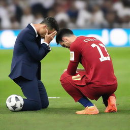 A poignant scene on a football pitch, where Cristiano Ronaldo is on one knee, tears streaming down his face, looking imploringly up at Lionel Messi, who displays a stoic countenance while standing firm