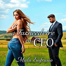 A captivating romance novel cover featuring a stunning young woman, 18 years old, with long, flowing hair and a beautiful physique, dressed in stylish jeans