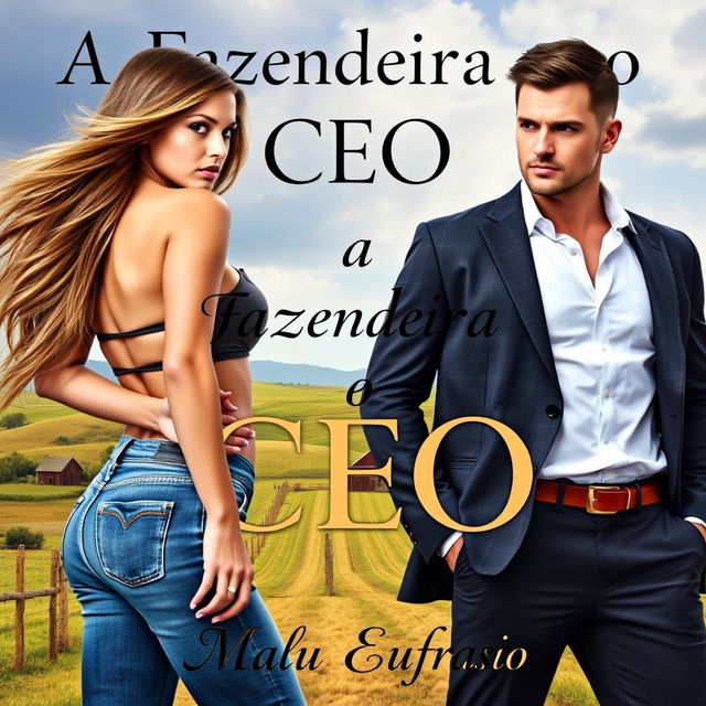 A captivating romance novel cover featuring a stunning young woman, 18 years old, with long, flowing hair and a beautiful physique, dressed in stylish jeans