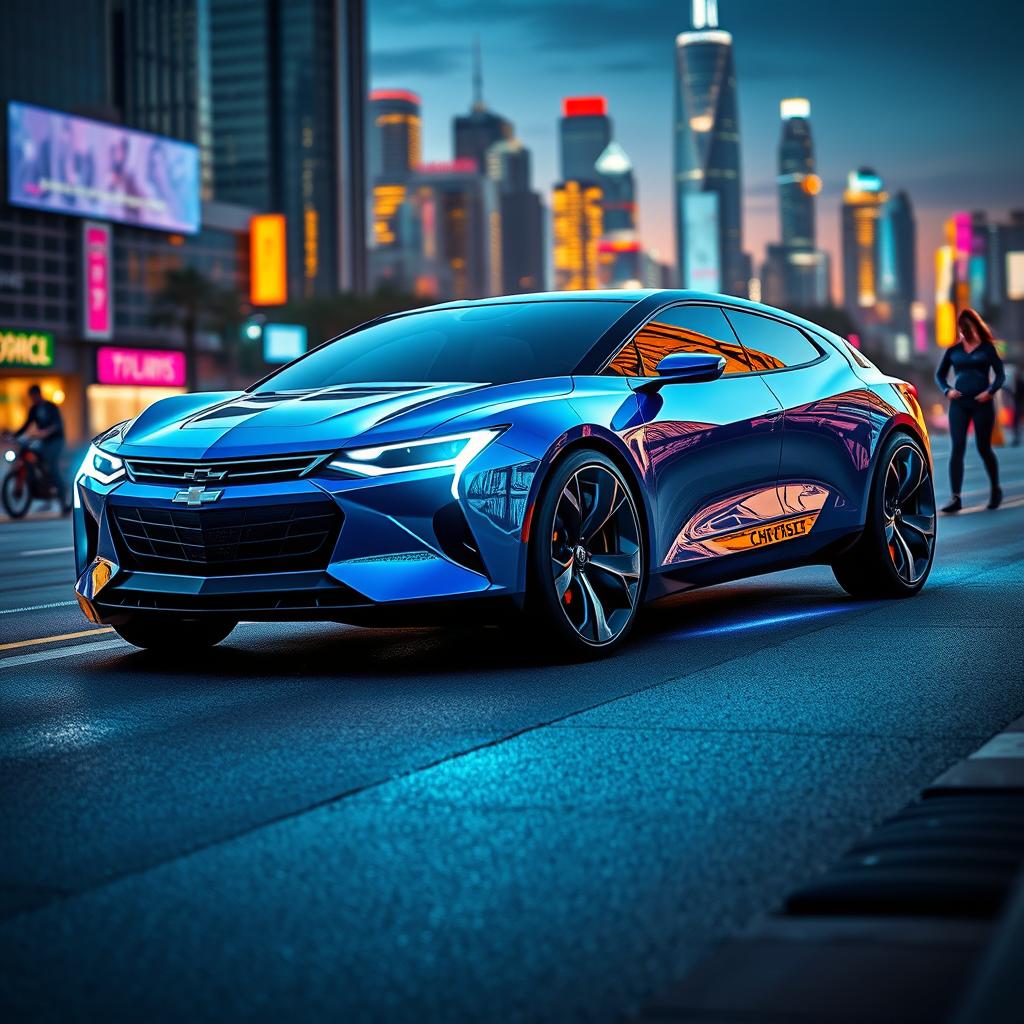 A futuristic Chevrolet Cheveste 2025, showcasing a sleek and aerodynamic body, gleaming metallic blue paint with holographic accents, futuristic LED headlights, and a panoramic glass roof