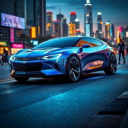 A futuristic Chevrolet Cheveste 2025, showcasing a sleek and aerodynamic body, gleaming metallic blue paint with holographic accents, futuristic LED headlights, and a panoramic glass roof