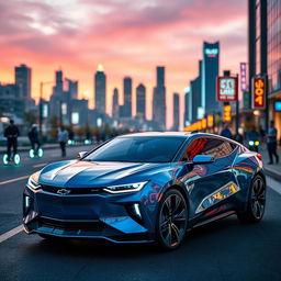 A futuristic Chevrolet Cheveste 2025, showcasing a sleek and aerodynamic body, gleaming metallic blue paint with holographic accents, futuristic LED headlights, and a panoramic glass roof
