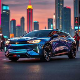 A futuristic Chevrolet Cheveste 2025, showcasing a sleek and aerodynamic body, gleaming metallic blue paint with holographic accents, futuristic LED headlights, and a panoramic glass roof