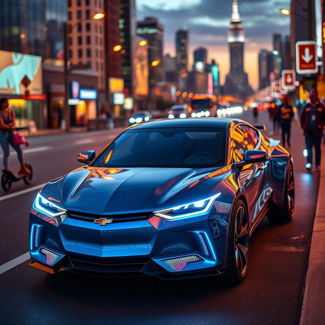 A futuristic Chevrolet Cheveste 2025, showcasing a sleek and aerodynamic body, gleaming metallic blue paint with holographic accents, futuristic LED headlights, and a panoramic glass roof