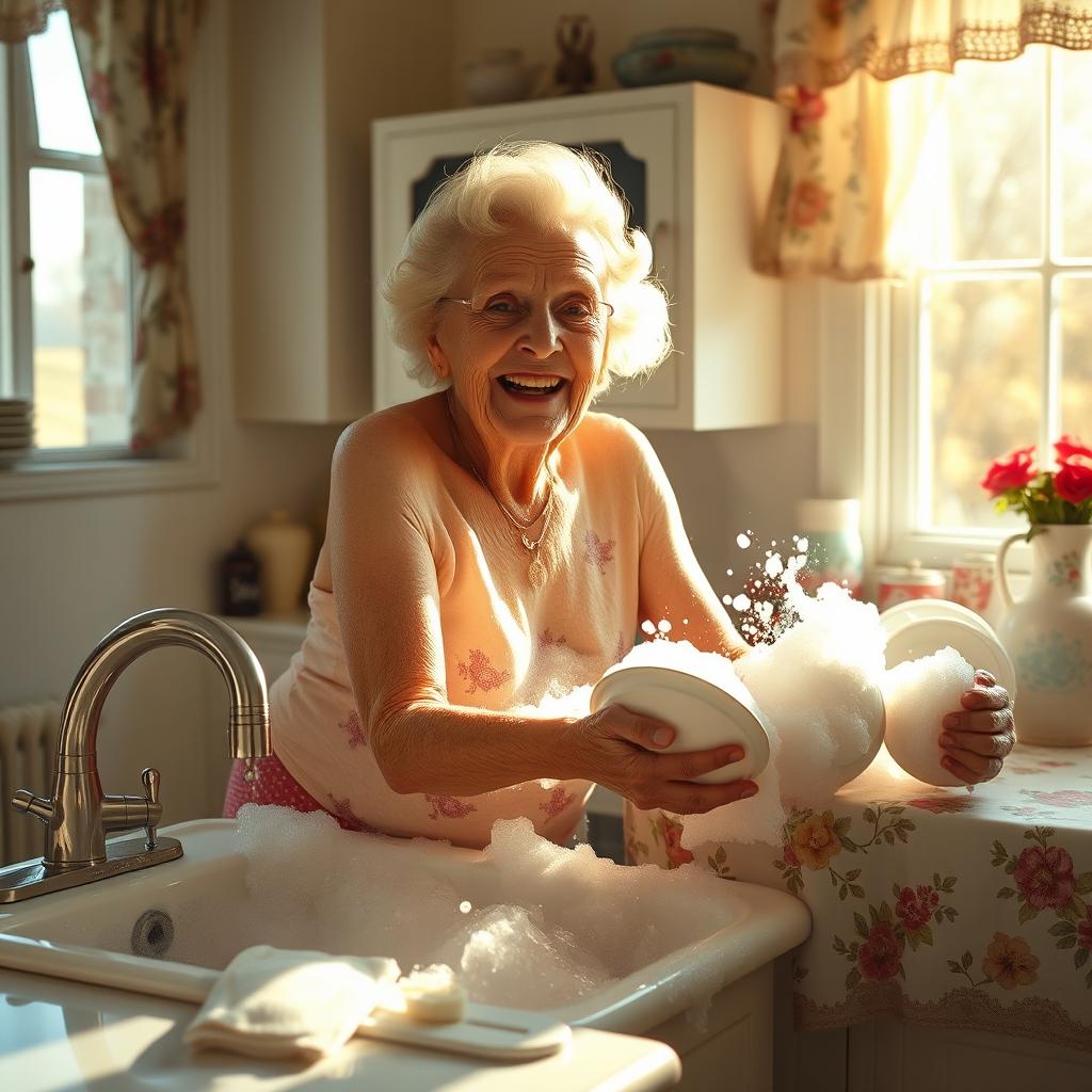 An elderly woman, affectionately known as Grandma, playfully washing dishes in a bright and cheerful kitchen
