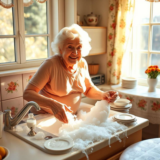 An elderly woman, affectionately known as Grandma, playfully washing dishes in a bright and cheerful kitchen