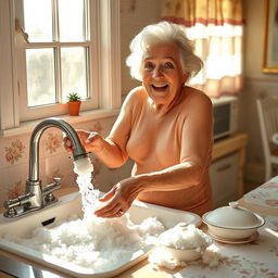 An elderly woman, affectionately known as Grandma, playfully washing dishes in a bright and cheerful kitchen