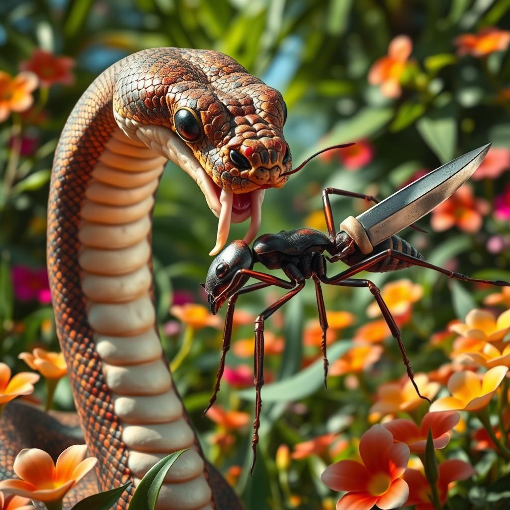 A surreal scene featuring a large, colorful snake with intricate patterns on its scales, holding a giant ant in its mouth